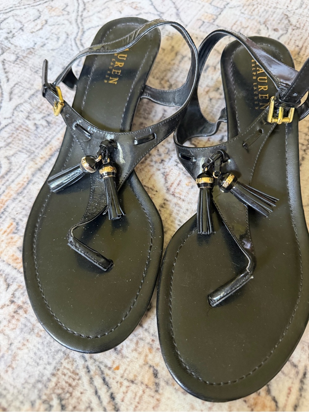 Lauren Ralph Lauren Black Patent Leather Tassel Slingback Sandals